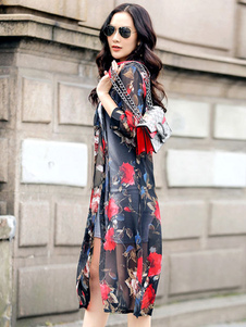 Robe imprimée multicolore thé longueur en mousseline de soie couvrez-vous pour femmes