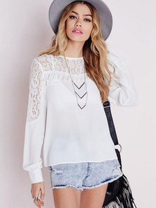 Blanc Top découpe dentelle Chic chemisier en mousseline de soie pour les femmes