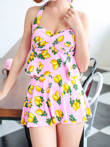 Bikini rose Halter fruits impression Spandex maillot de bain pour femmes