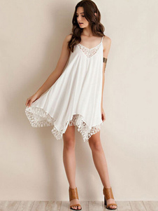 Maj blanc robe bretelles dentelle asymétrique robe d'été