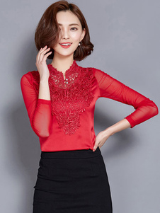 Chemisier rouge taillée dentelle Polyester Top pour femmes