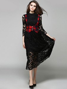 Maj noir robe Plaid impression dentelle découpe robe Polyester