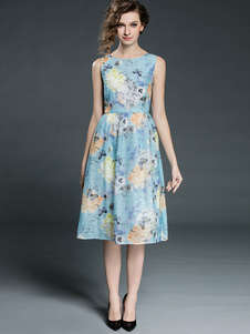 Flare bleu robe robe en mousseline de soie imprimée Floral