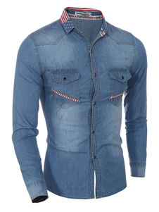 Chemise bleu Denim poches Slim Fit Shirt pour hommes