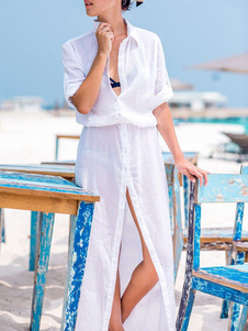 Split Maxi profonde-V été en mousseline de soie robe blanche