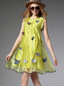 Robe d'été jaune Organza robe papillon brodé Flare