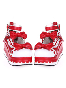 Lolita rouge Wedge chaussures sangles Bow PU chaussures pour femmes