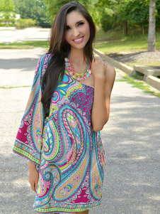 Multicolor Maj robe asymétrique lait imprimer une seule épaule robe de soie