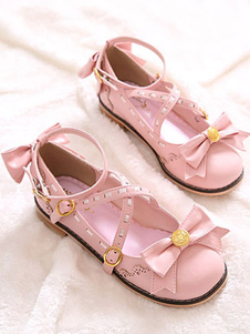 Lolita rose chaussures sangles croisées Bow PU Flats pour femmes