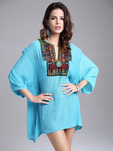 Couverture bleu impression profonde-V coton couvercle vers le haut pour les femmes