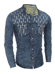 Chemise marine Denim poches imprimer Slim Fit Shirt pour hommes