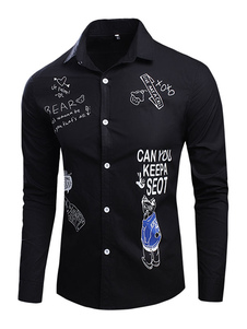 Chemise noire lettres impression coton Fit Slim Shirt pour hommes