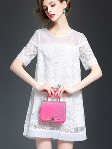 Dentelle Shift robe semi Sheer blanche robe d'été