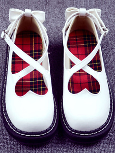 Lolita blanc chaussures sangles croisées Bow PU Flats Chic pour les femmes