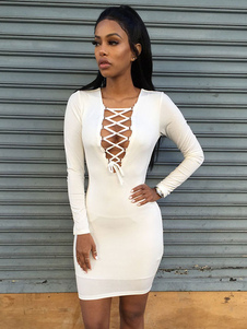 Sexy col v cordon de serrage manches longues coton Club robe de vêtements pour femme