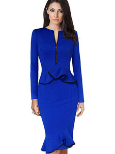 Peplum robe Bodycon bleu Ruffles robe en coton