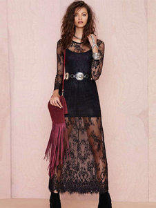 Robe Maxi noire dentelle robe de Polyester semi Sheer