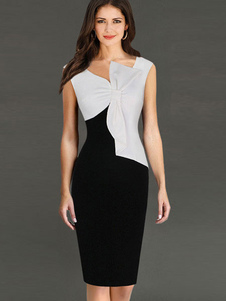 Color Block Bow Bodycon Dress Slim Fit coton robe