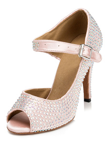 Danse rose sandales Peep Toe Rhinestone Satin talons pour femmes