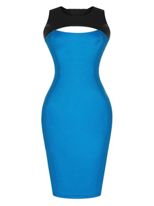 Robe Bodycon bleue mi-longues-découper coton robe