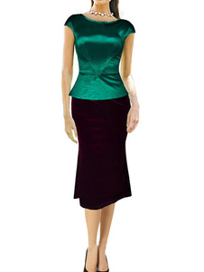 Bloc de couleur robe Bodycon Peplum ruché longueur genou robe de coton