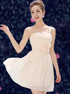 Fleurs d'une épaule robe de soirée Champagne ruchés Flare robe