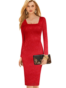Robe Bodycon rouge dentelle mi-longues-Slim Fit robe
