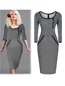 Robe en coton Plaid mi-longues gris Bodycon Dress