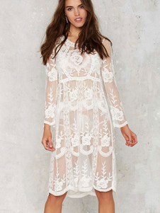 Polyester blanc Shift robe dentelle semi Sheer