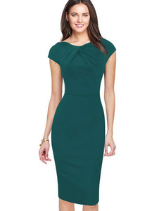 Robe en coton plissé genou-longueur robe Bodycon verte