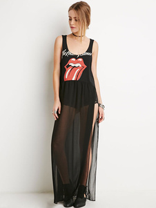 Maj noir robe bretelles Split Cartoon impression en mousseline de soie robe Maxi