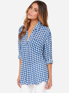 Blouse bleu Plaid Top en mousseline de soie imprimé pour les femmes