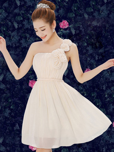 Fleurs d'une seule épaule robe de soirée Champagne Backless Flare robe