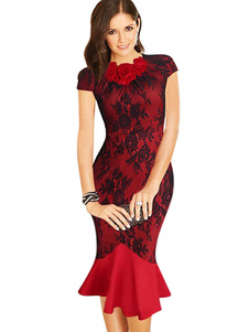 Robe Bodycon rouge sirène Ruffles robe en coton imprimé