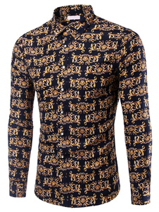 Chemise en coton kaki imprimé fleuri manches longues