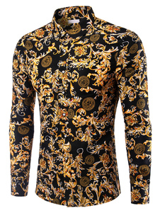 Chemise casual en coton kaki imprimé fleuri manches longues