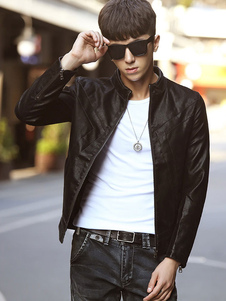 Blouson veste à capuche noir PU pour hommes