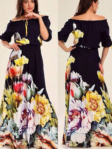 L'épaule robe Maxi robe de Satin de coton imprimé Floral