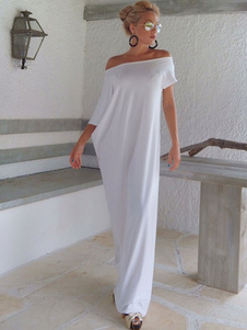 Surdimensionné de hors-la-épaule robe Maxi robe en coton blanc