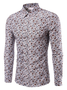 Chemise homme en coton couleur taupe imprimé fleuri manches longues
