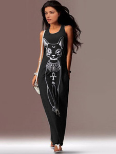 Animal Print Dress Maxi robe coton noir