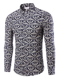 Chemise en coton bleu foncé imprimé fleuri manches longues