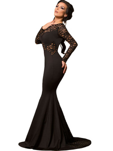 Robe de soirée noire sirène dentelle découpe robe de bal