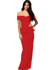 Off-The-Shoulder Peplum Maxi Bodycon Polyester robe rouge