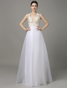 Backless robe de soirée v-cou dentelle dorée perles Organza robe de mariée a-ligne rez-longueur