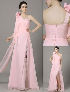 Robe de soirée en mousseline de soie rose une épaule Tribunal Train dentelle robe de bal de Split