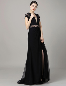 Robe de soirée en mousseline de soie noire plongeant Cap manches perspective dentelle Sexy sirène ro