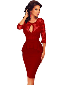 Peplum robe Bodycon rouge découpe robe dos nu en dentelle