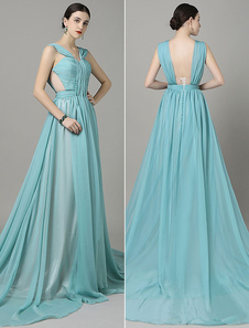 Découpe en mousseline de soie robe de soirée dos nu bretelles robe de tapis rouge plissé Chaple Trai