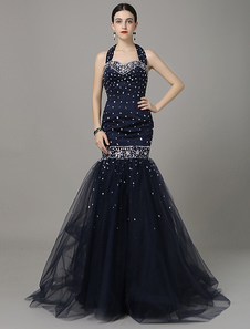 Perles robe de soirée Halter marine tapis rouge de la sirène de le Tulle robe avec traine Chaple